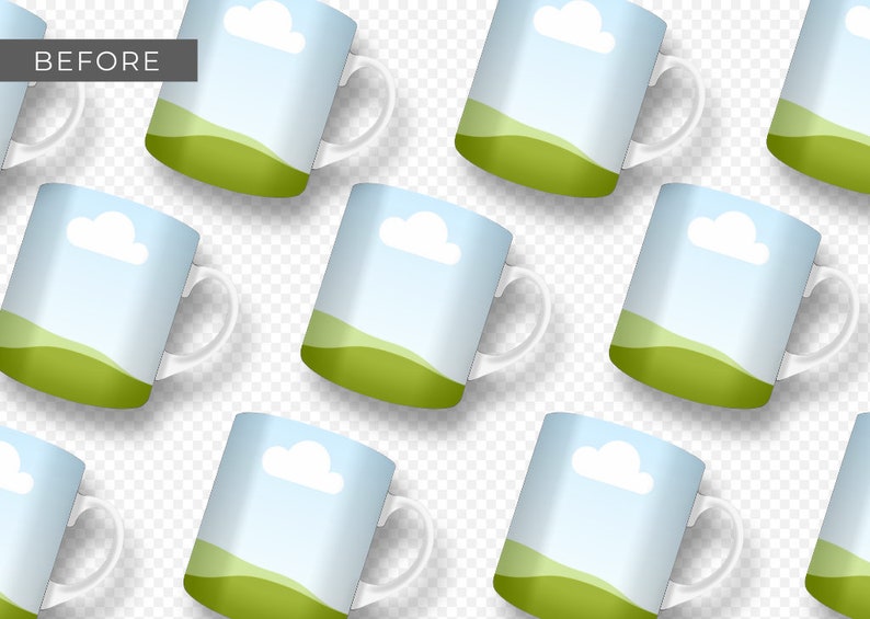 Ceramic Coffee Mug Mockup for Canva with custom clip frames, fully editable, drag and drop. Works like Photoshop! Display image shows multiple top-view mugs with custom clip frames before designs are inserted.