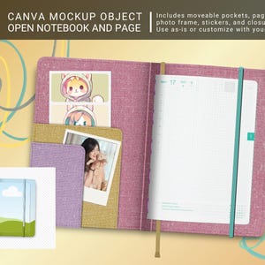 Canva anteckningsbok Mockup Öppet uppslag med fickor (A6 A5 A4-storlekar) (PDF-nedladdning) Helt anpassningsbar