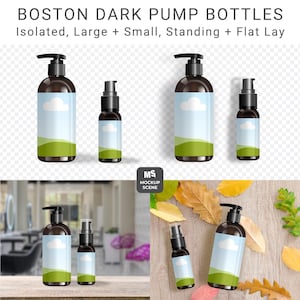 May include: Dark brown pump bottles in various sizes, featuring a label with a sky and landscape design. The image includes isolated bottles, and bottles arranged on a wooden surface with leaves. The text "BOSTON DARK PUMP BOTTLES" is visible.