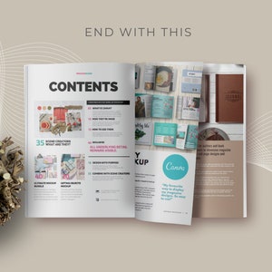 May include: A magazine mockup with the word "Contents" on the cover. The magazine is open to a page with the title "Scene Creators: What Are They?" and a list of topics. The magazine is on a white surface with a wooden log and a potted succulent plant.