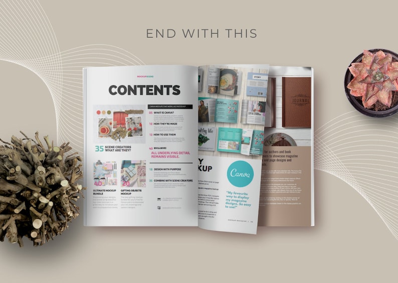 May include: A magazine mockup with the word "Contents" on the cover. The magazine is open to a page with the title "Scene Creators: What Are They?" and a list of topics. The magazine is on a white surface with a wooden log and a potted succulent plant.