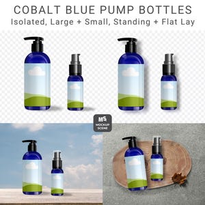 May include: Cobalt blue pump bottles in various sizes, with black pumps. The bottles feature a label with a cloud and green hill design. The image includes the text "CANVA SMART MOCKUP" and "COBALT BLUE PUMP BOTTLES".