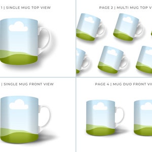Ceramic Coffee Mug Mockup for Canva with custom clip frames, fully editable, drag and drop. Works like Photoshop! Display image shows the 4 mockups included in this template. Single mug top view. Multi mug top view. Single and duo mugs front view.