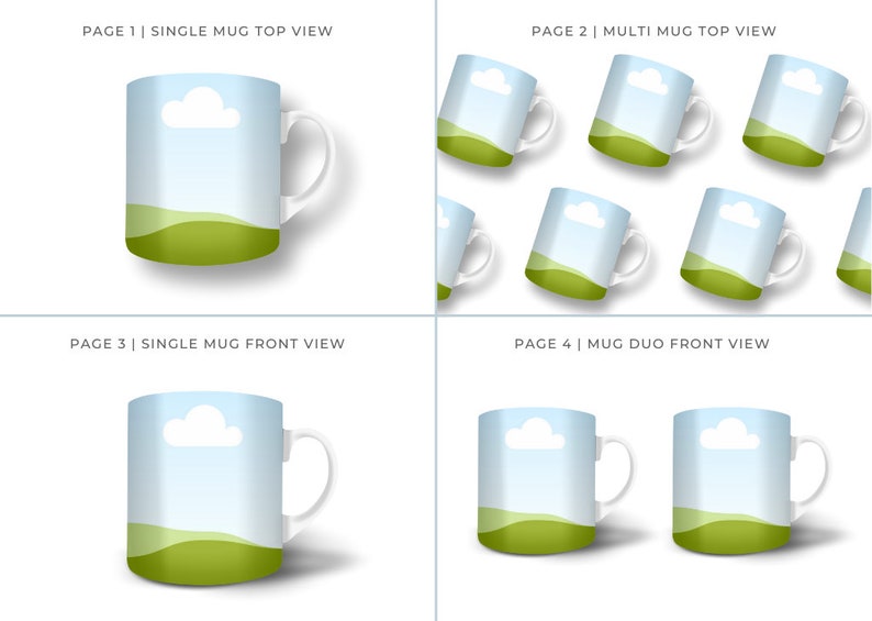 Ceramic Coffee Mug Mockup for Canva with custom clip frames, fully editable, drag and drop. Works like Photoshop! Display image shows the 4 mockups included in this template. Single mug top view. Multi mug top view. Single and duo mugs front view.