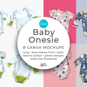 Baby Onesie Canva Mockup Bodysuit Babygrow Infant Toddler Apparel Surface Patterns Fabric Textile Sublimation Template Works Like Photoshop