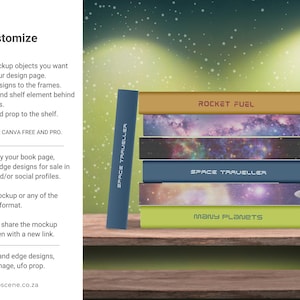 Mockup of a collection of books in a pile, with space-themed covers and titles such as "Rocket Fuel" and "Space Traveller" arranged on a wooden shelf. A silver and purple model of a UFO is positioned beside the books, evoking a sci-fi aesthetic.