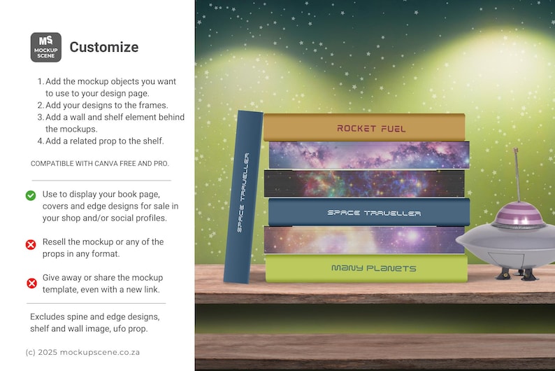 Mockup of a collection of books in a pile, with space-themed covers and titles such as "Rocket Fuel" and "Space Traveller" arranged on a wooden shelf. A silver and purple model of a UFO is positioned beside the books, evoking a sci-fi aesthetic.
