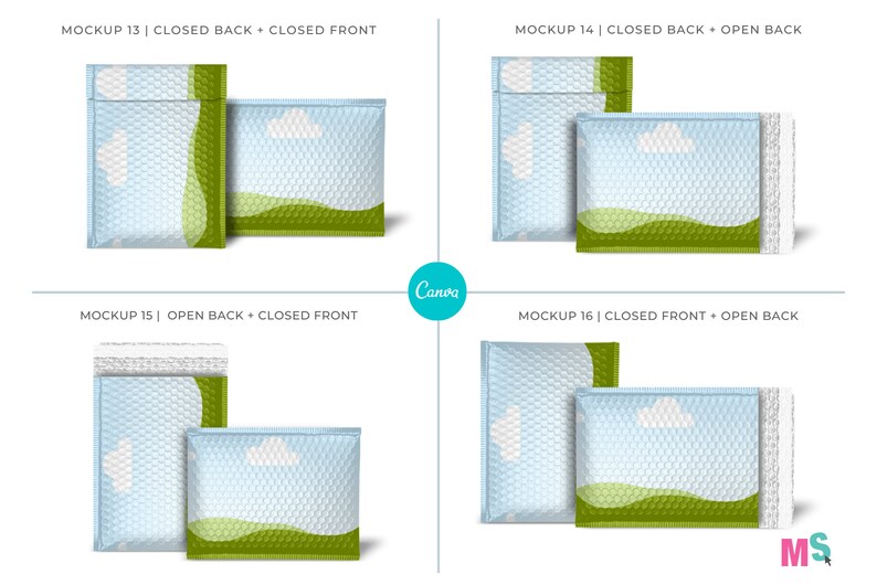 May include: Four mockups of a white and blue bubble mailer with a green and white landscape design. The mockups show the mailer with the back closed and the front closed, the back closed and the front open, the back open and the front closed, and the back open and the front closed.