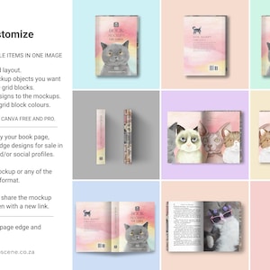 A mockup scene displaying book designs with cat illustrations. The image presents various book covers, spines, and open book layouts, all with a watercolour aesthetic. The text "Customize" is visible.