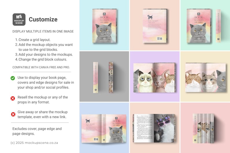 A mockup scene displaying book designs with cat illustrations. The image presents various book covers, spines, and open book layouts, all with a watercolour aesthetic. The text "Customize" is visible.