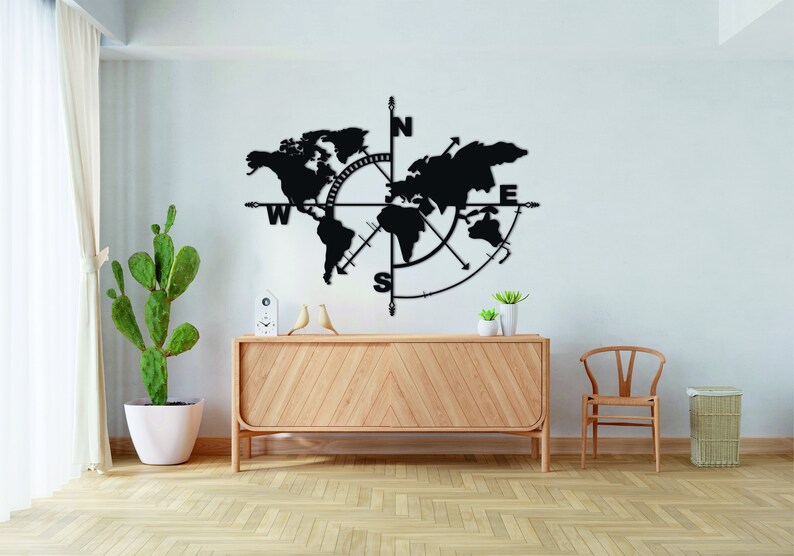Metal World Map World Map Compass Decor Office Entryway Etsy