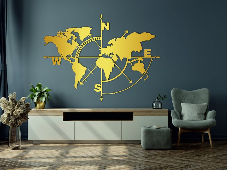 Metal World Map World Map Compass Decor Office Entryway Etsy