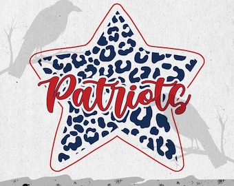 May include: A star-shaped graphic with a red outline and the word "Patriots" in red script. The star's interior features a blue leopard print pattern. The words "PNG-SVG" and "DIGITAL DOWNLOAD" are also present.