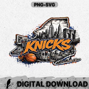 May include: A digital graphic featuring the word "Knicks" in orange and blue, set against a New York City skyline and a basketball. The design includes a basketball, a subway train, and the Brooklyn Bridge.