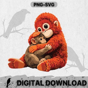May include: A digital illustration of two orangutans hugging. The larger orangutan is orange with big eyes, and the smaller one is brown. The image has the text "PNG-SVG" at the top and "DIGITAL DOWNLOAD" at the bottom.