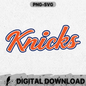 May include: Orange "Knicks" script logo with a blue outline on a textured white background. The text "PNG-SVG" is at the top, and "DIGITAL DOWNLOAD" is at the bottom. A silhouette of a bird is on the bottom left.