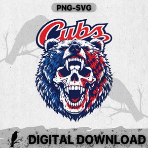 Puede incluir: Gráfico de descarga digital que presenta un oso estilizado con una cara de calavera, coloreado en rojo, blanco y azul. La palabra "Cubs" está arqueada sobre la cabeza del oso. La imagen incluye el texto "PNG-SVG" y "DESCARGA DIGITAL".