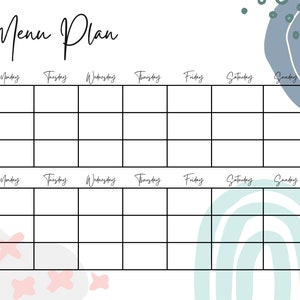 May include: A white menu plan template with a grid for each day of the week, Monday through Sunday. The words "Menu Plan" are written in a cursive font at the top. Decorative blue and pink shapes are in the background.