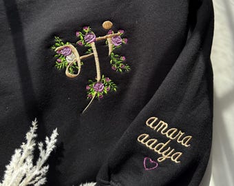 Custom Floral MA Sweatshirt w/embroidered names on sleeves | Hindi, Punjabi, Gujarati | Mothers Day gift, Mom Birthday, South Asian