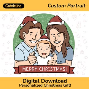 Custom Simple Christmas Hand Drawn Illustration from Photo, Headshot Family Line Art Portrait with Pet, Personalized Christmas Gift