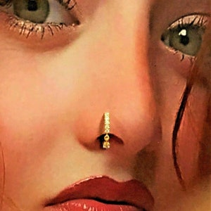 22k Gold Plated Indian Nose Ring: CZ Diamond Dangle Hoop