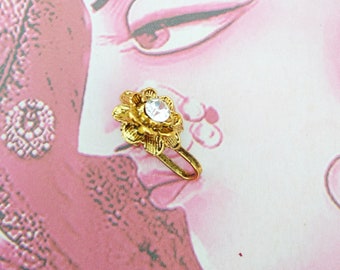 Antique Gold Flower Nose Cuff: Indian CZ Clip On Nose Ring