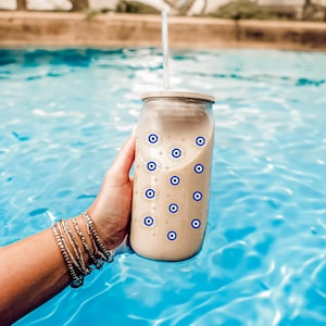 Glass Cup Evil Eye Spiritual Symbol For Protection Positive Energy Iced Coffee Tumbler With Straw And Lid Gift For Friend