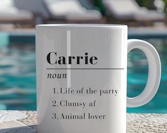 Taza de café personalizada con nombre y rasgos de personalidad para un amigo o compañero de trabajo. Regalo de cumpleaños.