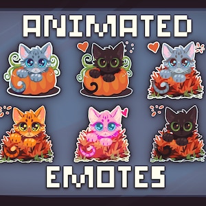 May include: Animated emotes featuring cartoon cats. Each cat has large eyes and is surrounded by leaves or pumpkins. The text "ANIMATED EMOTES" is displayed in a pixelated font.