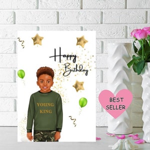 Black Boy Geburtstagskarte, Kinder ethnische Grußkarte, Grußkarte für schwarzen Jungen, alles Gute zum Geburtstagskarte, Karte für jungen König