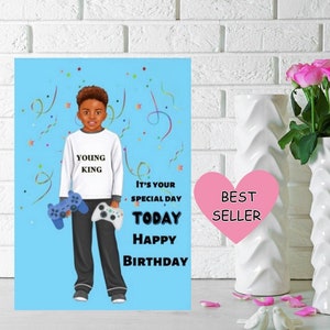Black Boy Geburtstagskarte, ethnische Grußkarte für Kinder, Geburtstagskarte für schwarzen Jungen, Happy Birthday Karte, Karte für jungen schwarzen König,