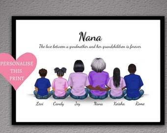 PERSONALISED grandmother and grandparents family portrait print, custom family portrait wall art print, keepsake, gift for grandparent