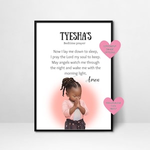 Personalised black girl bedtime prayer wall art print, Personalised bedtime prayer, Religious wall art, Black child praying wall print, gift