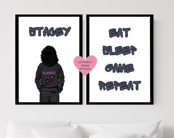 Benutzerdefinierte Gamer Print 2er-Set, Eat Sleep Game-Wiederholungs-Wandkunst, personalisiertes schwarzes jugendlich Mädchen-Plakat, Graffiti-Namensschlafzimmerdekor