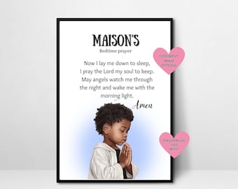 Personalisierte Junge betende Schlafenszeit Gebetsdruck, benutzerdefinierte Name Kinderzimmer Wandkunst, Raumdekor, Kinder Glaube Kunst, christliches Geschenk für Kind