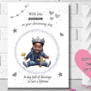 Tarjeta de bautizo para bebé niño negro, Tarjeta de bautizo para bebé negro, Tarjeta de bautismo, PERSONALIZADA, Con amor, ahijado en el día de su bautizo