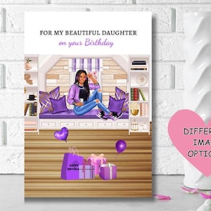 Cartão de aniversário de filha negra, cartão de aniversário étnico, rainha negra, para minha linda filha no seu aniversário