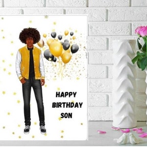 Tarjeta de cumpleaños de Black Boy, tarjeta de felicitación étnica para niños, tarjeta de felicitación para niño negro, tarjeta de feliz cumpleaños, tarjeta para el joven rey