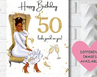 Tarjeta de cumpleaños número 50 para mujer negra, Feliz cumpleaños, los 50 te sientan bien, Tarjeta de cumpleaños para chica con melanina, Tarjeta de cumpleaños de representación para ella