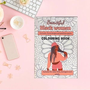 Beautiful Black women colouring book, floral designs and positive quotes colouring book, A5 Black people colouring book, stocking filler