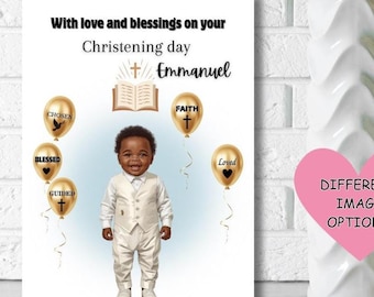 Tarjeta de bautizo para bebé niño negro, tarjeta de felicitación étnica, con amor y bendiciones en el día de su bautizo, TARJETAS DE FELICITACIÓN PERSONALIZADAS