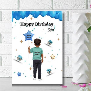 Tarjeta de cumpleaños de Black Son, tarjeta de felicitación étnica para niños, tarjeta de felicitación para niño negro, tarjetas para niños negros, feliz cumpleaños hijo