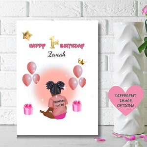 Zwart/gemengd ras meisje 1e verjaardagskaart, meisje gemengd ras verjaardagskaart, kaarten voor zwarte kinderen, gelukkige 1e verjaardag, GEPERSONALISEERDE KAARTEN