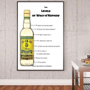 Puede incluir: Un p&oacute;ster enmarcado con una botella de ron Wray & Nephew White Overproof y una divertida tabla de "Niveles". La tabla enumera las etapas de la intoxicaci&oacute;n, desde "What you saying babe?" hasta "Slow jam songs in voicemail."