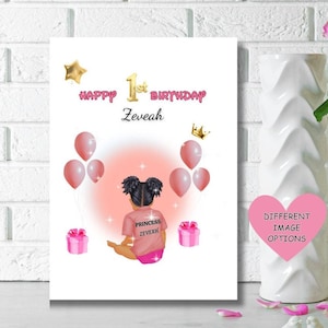 Cartão de primeiro aniversário de menina preta/mista, cartões para crianças negras, feliz primeiro aniversário, CARTÕES PERSONALIZADOS