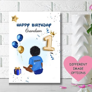 Carte d'anniversaire de petit-fils noir, carte de voeux ethnique pour enfants, carte de voeux pour petit garçon noir, joyeux 1er anniversaire, cartes personnalisées