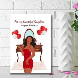 Cartão de aniversário de filha negra/mestiça, cartão de aniversário de mulher étnica, para minha linda filha no seu aniversário, cartões para negros