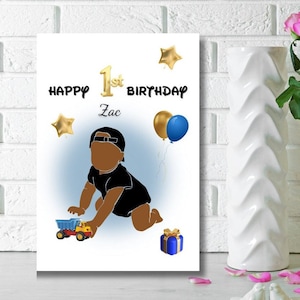 Schwarzer Junge 1. Geburtstagskarte, Baby Geburtstagskarte, Karten für schwarze Kinder, alles Gute zum 1. Geburtstag, PERSONALISIERTE KARTEN