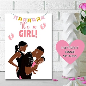 Carte de naissance couple noir, carte de bébé fille noire, bienvenue c'est une fille, carte de famille noire, baby shower de bébé fille, amour noir