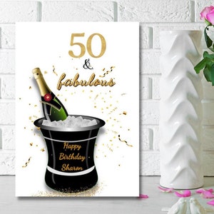 Carte personnalisée 50e anniversaire, 50 ans et fabuleux, carte d'anniversaire importante, carte de voeux champagne, personnalisée